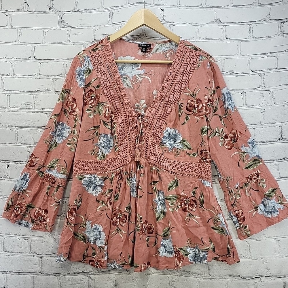 Torrid Floral Peasant Top Womens Plus Sz 00‎ Peach Cottagecore